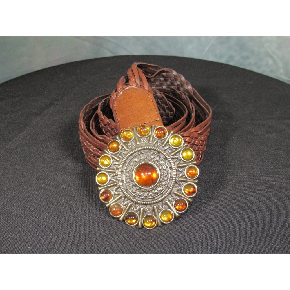 IOS Brown Woven Braided Leather Belt Amber Cabochon Medallion Buckle L/XL 68364